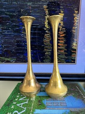 Brass Bud Vases Pair - Gold Tall Hourglass Design with patina